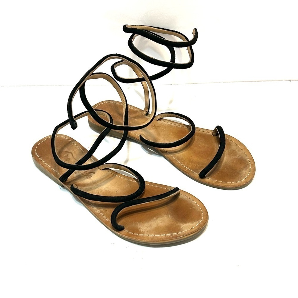 Free People Havana Black Suede  Ankle Wrap Strap Gladiator Flat Sandals 41 US 10